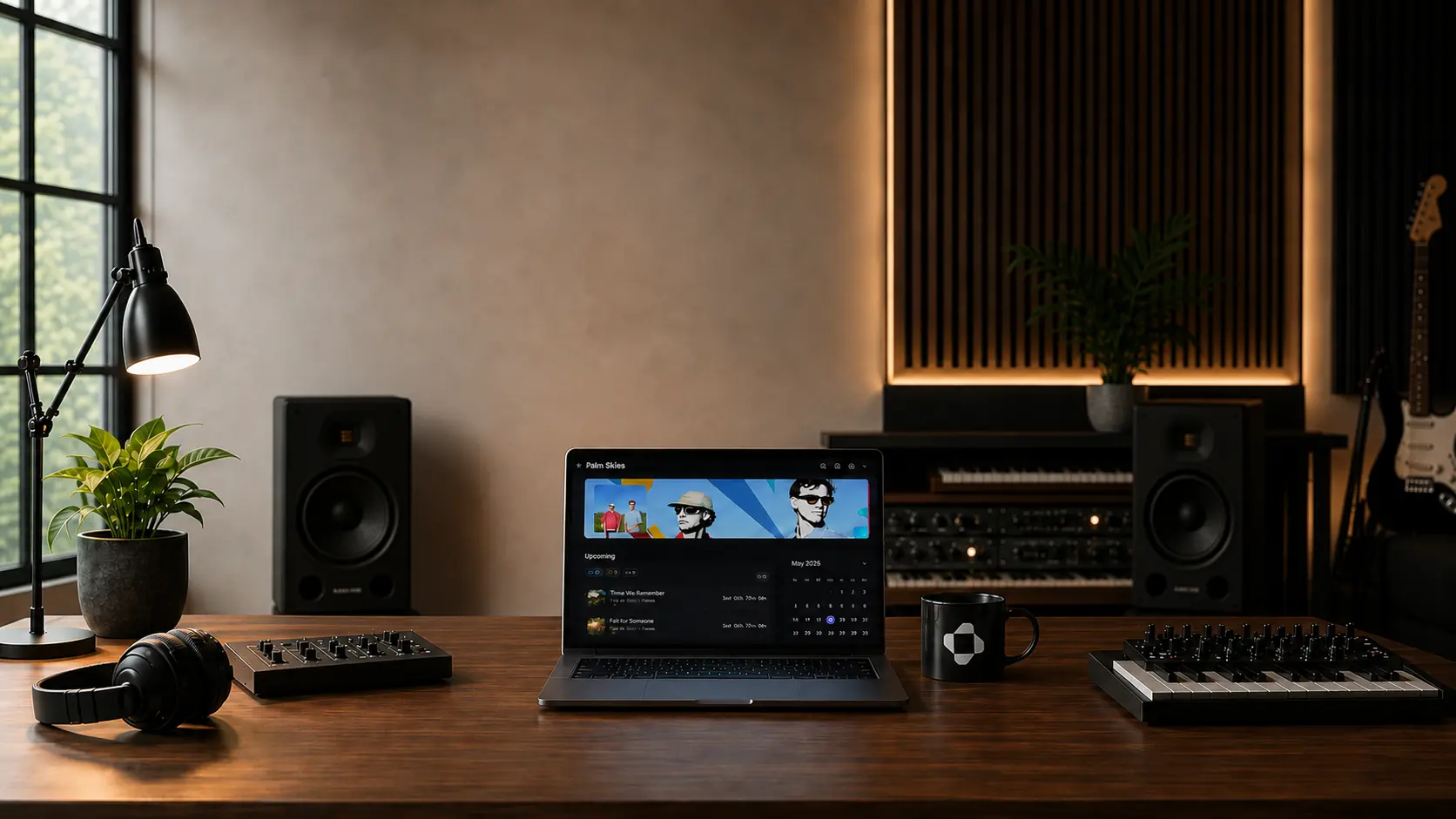 Music studio desk with a laptop